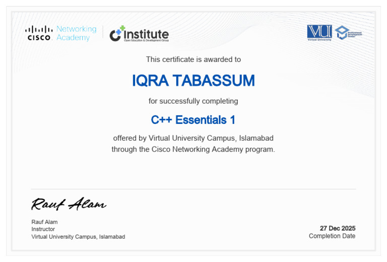 C++ Essentials 1 Completion Certificate | PDF
