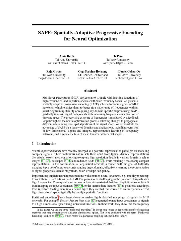 NeurIPS 2021 Sape Spatially Adaptive Progressive Encoding for Neural ...