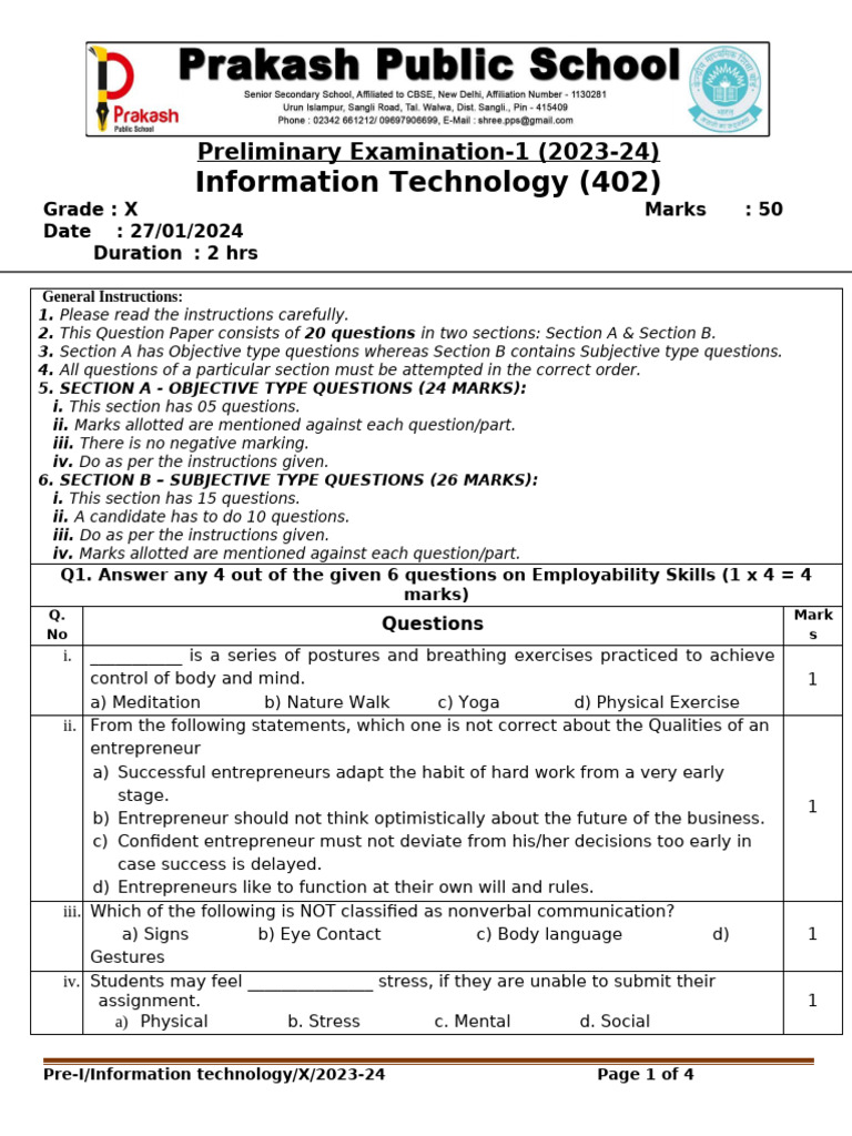 IT Preliminary Exam 2023-24 Grade X | PDF | Databases | Spreadsheet