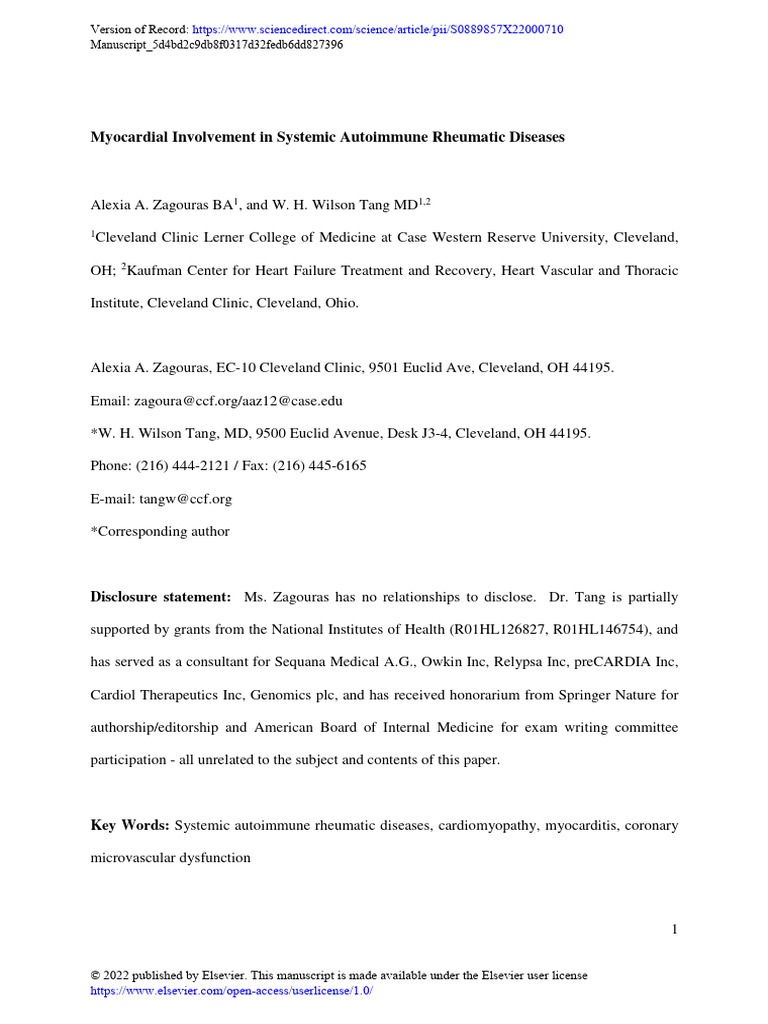 Myocardial Involvement in Systemic Autoimmune Rheumatic Diseases | PDF ...