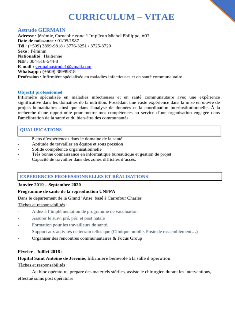 CV d'Astrude Germain, Infirmière Spécialisée | PDF | Allaitement | Haïti
