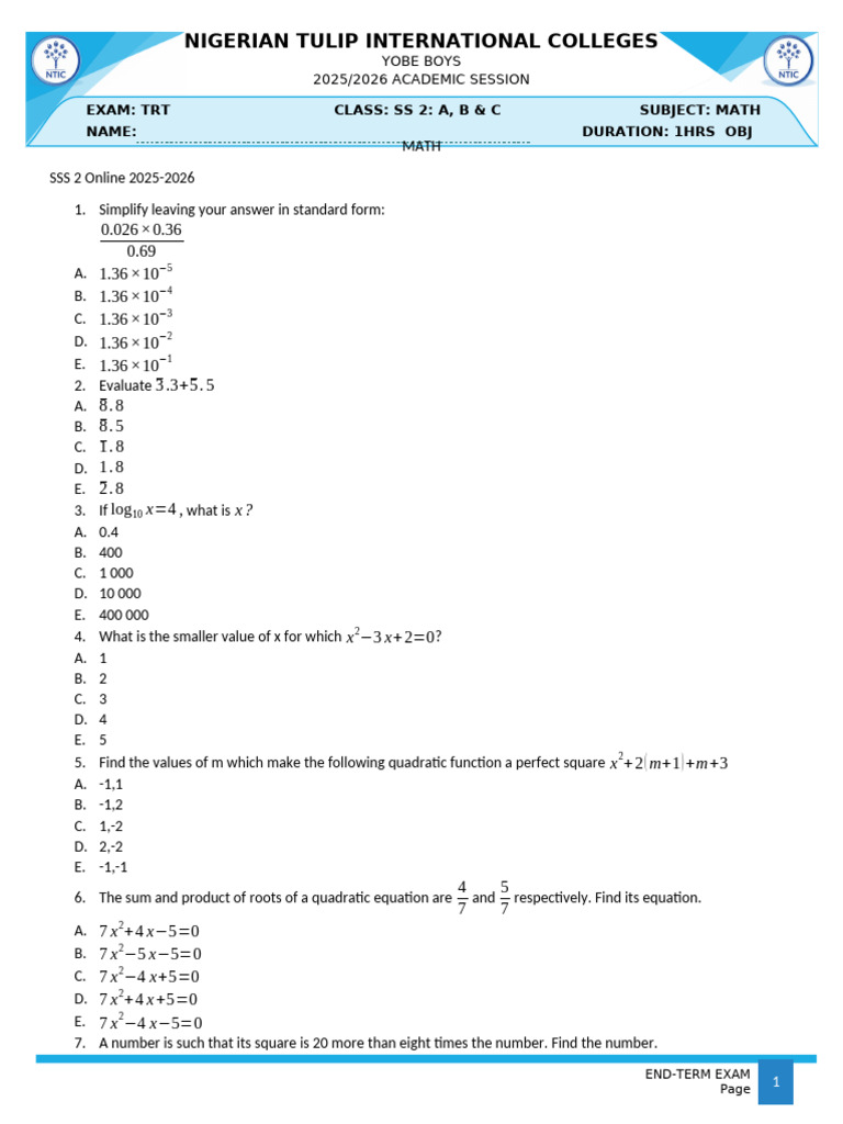 SS2 Math Exam Questions 2025-2026 | PDF | Algebra | Arithmetic
