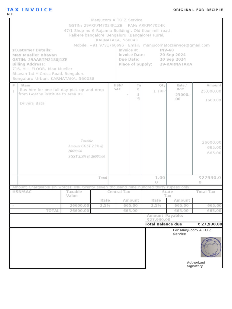 Tax Invoice for Bus Hire Services | PDF | Public Finance | Taxation