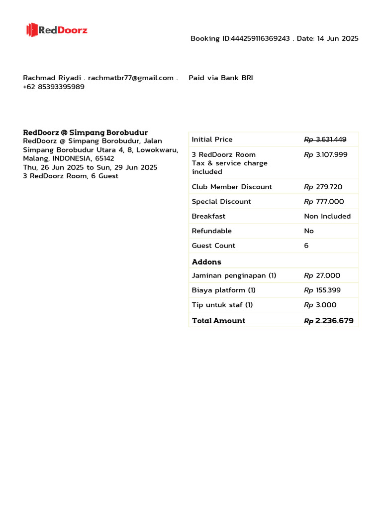 Invoice for RedDoorz Booking 444259116369243 | PDF