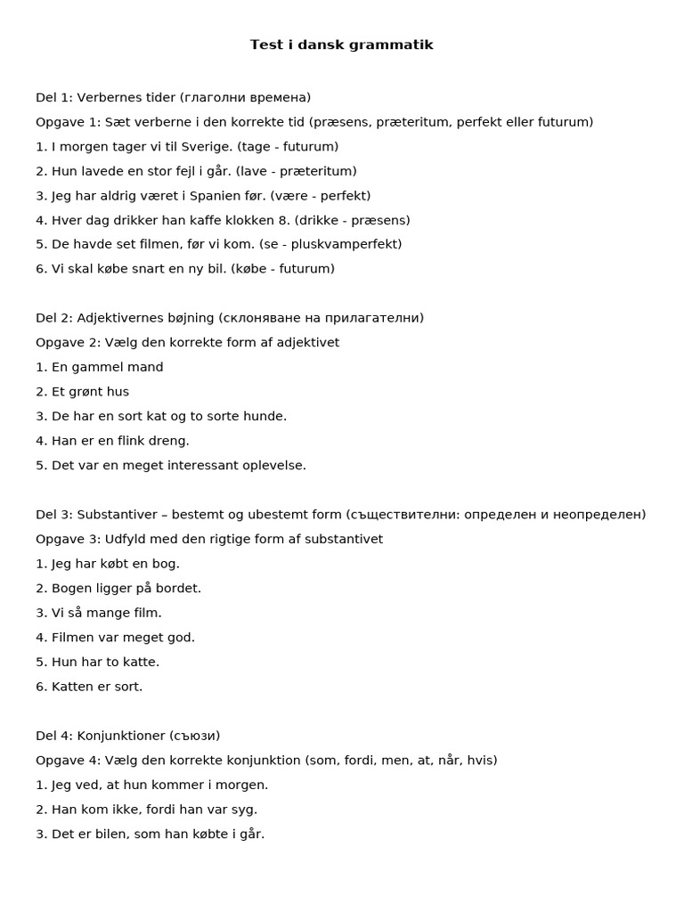 Test I Dansk Grammatik Med Svar | PDF