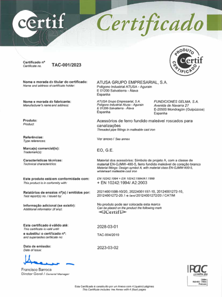 Certif Atusa Fitting | PDF