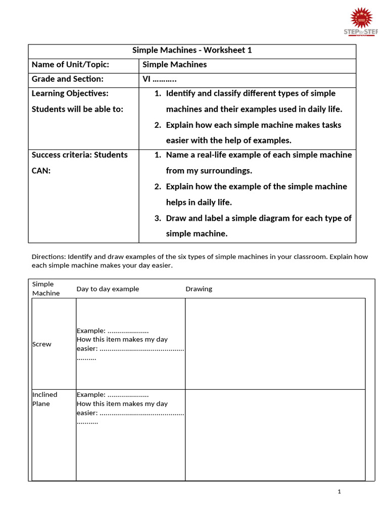 Simple Machine Worksheet 1 | PDF | Machines | Manufactured Goods