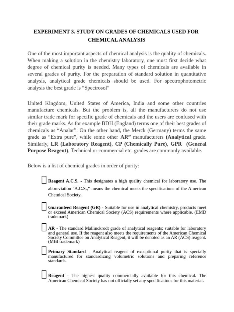 Chemical Purity Grades for Analysis | PDF | Chemical Substances | Chemistry