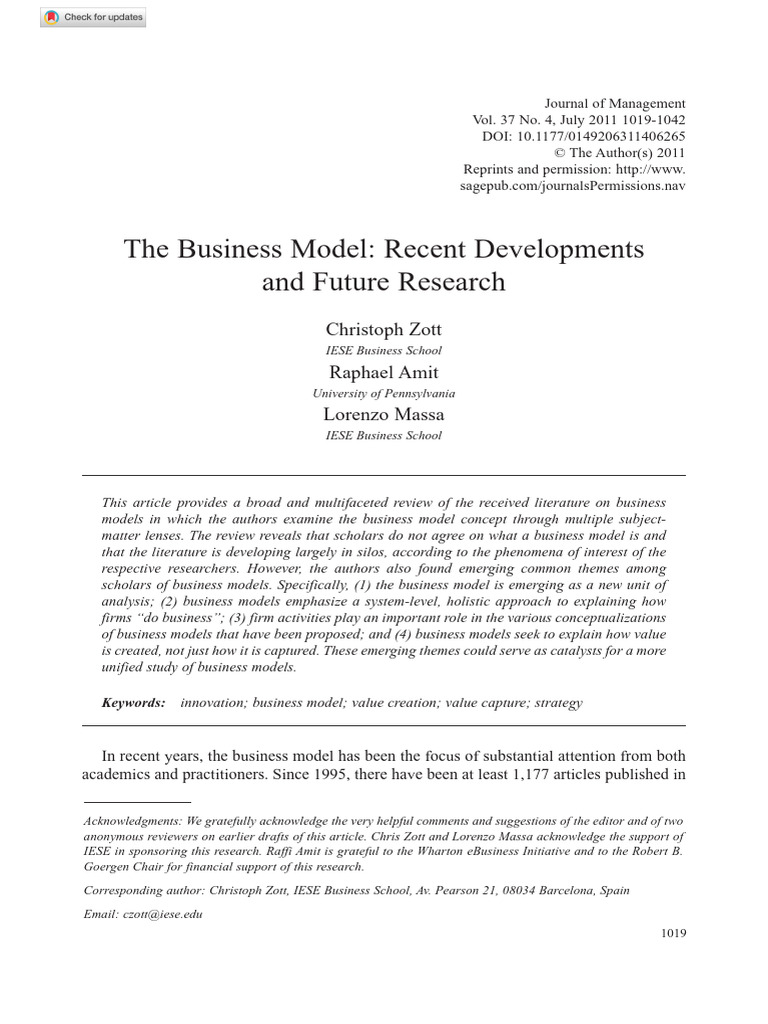 Zott Et Al 2011 The Business Model Recent Developments and Future ...