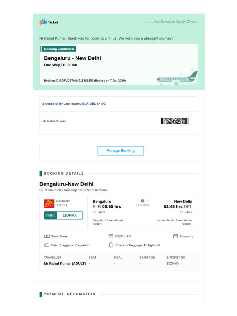 SpiceJet Ticket Confirmation: BLR to DEL | PDF | Fee | Transport
