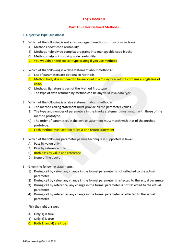 Java User Defined Methods Quiz | PDF | Parameter (Computer Programming ...