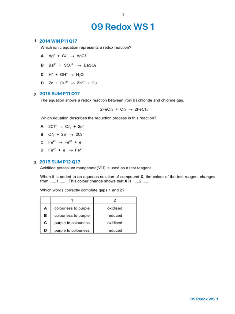 09-Redox-WS-1-5 | PDF | Chemical Reactions | Redox