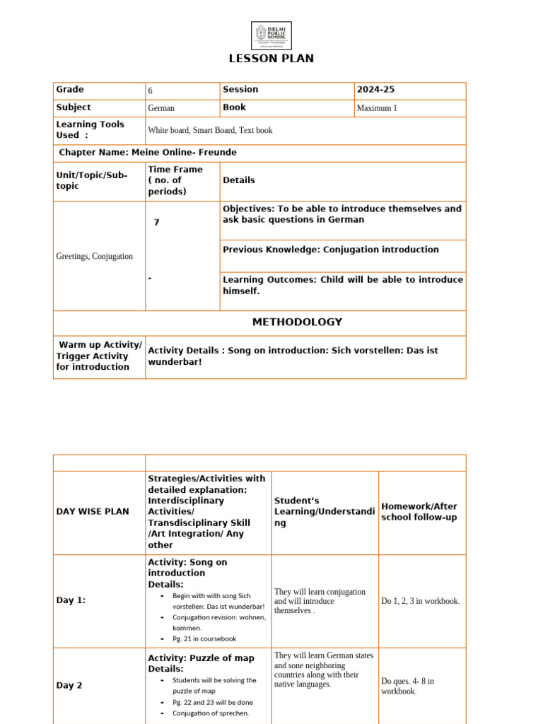 German Lesson Plan: Self-Introduction | PDF | Educational Assessment ...