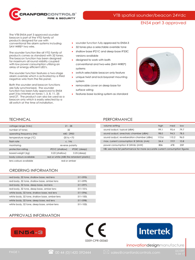 VTB Spatial Sounder Beacon 24Vdc 32 Tone EN54 3 V04 | PDF | Electricity ...