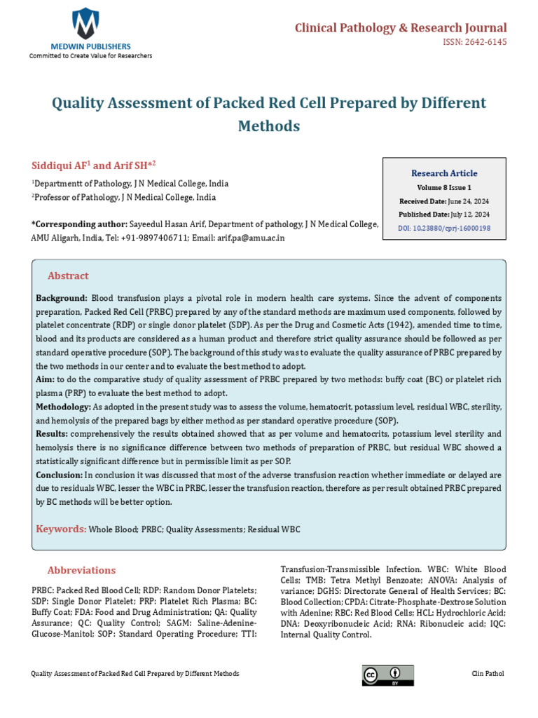 Quality Assessment of PRBC Methods | PDF | Blood Transfusion | Anatomy