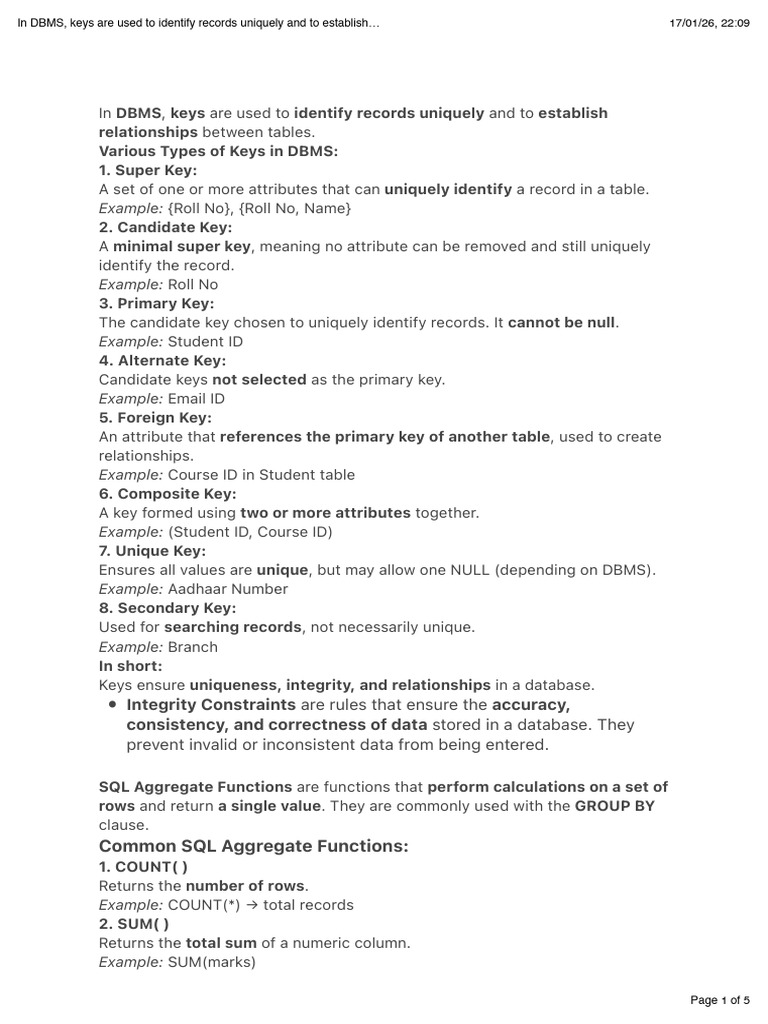 In DBMS, keys are used to identify records uniquely and to establish ...