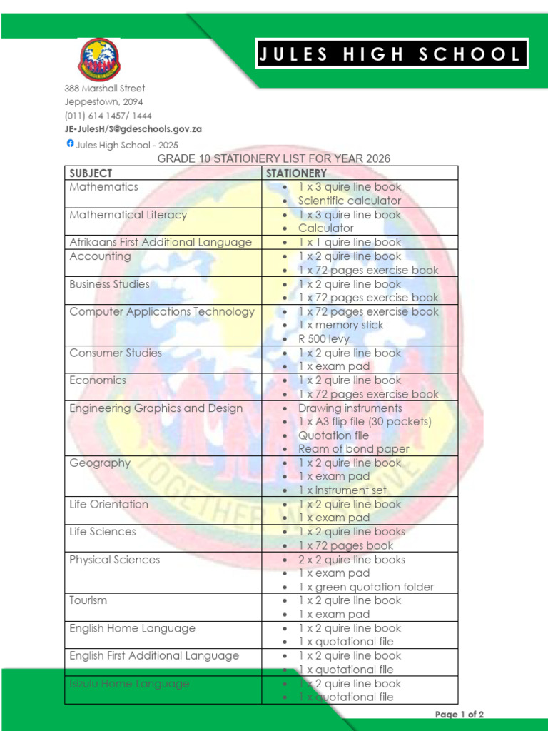 Jules High School 2026 Grade 10 Supplies | PDF | Books | Stationery