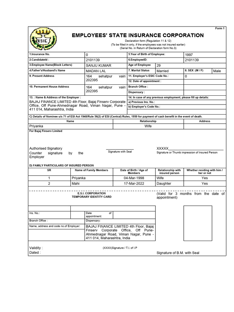ESIC Declaration Form for New Employees | PDF