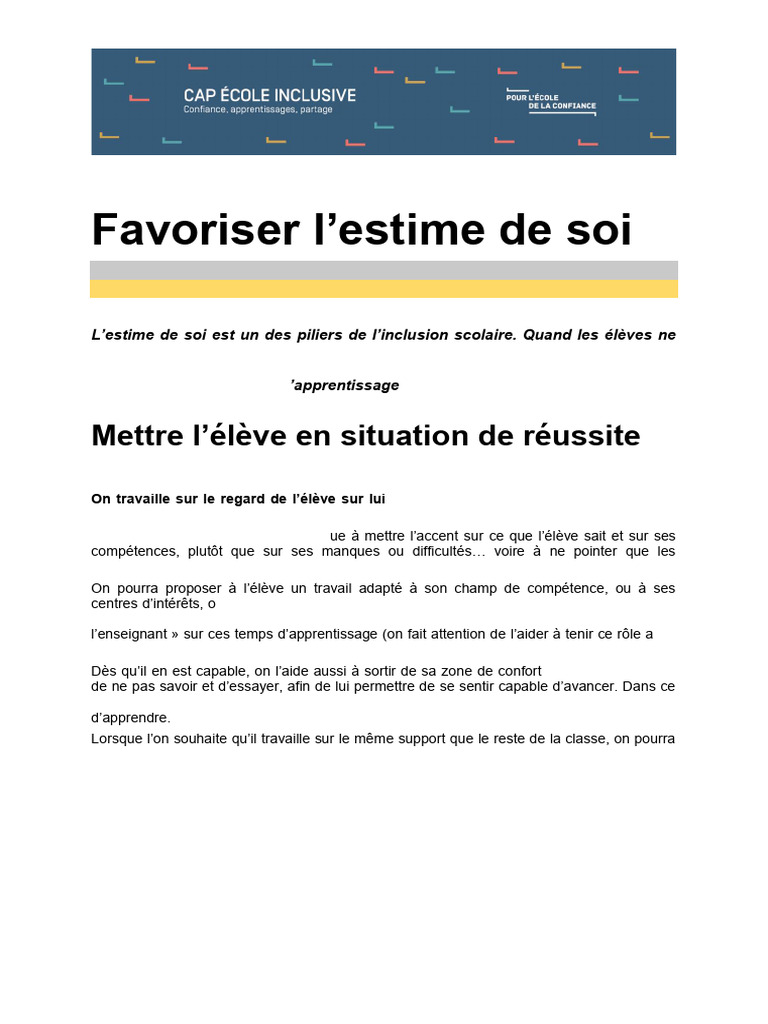 Favoriser l'estime de soi en classe | PDF | Apprentissage | Estime de soi