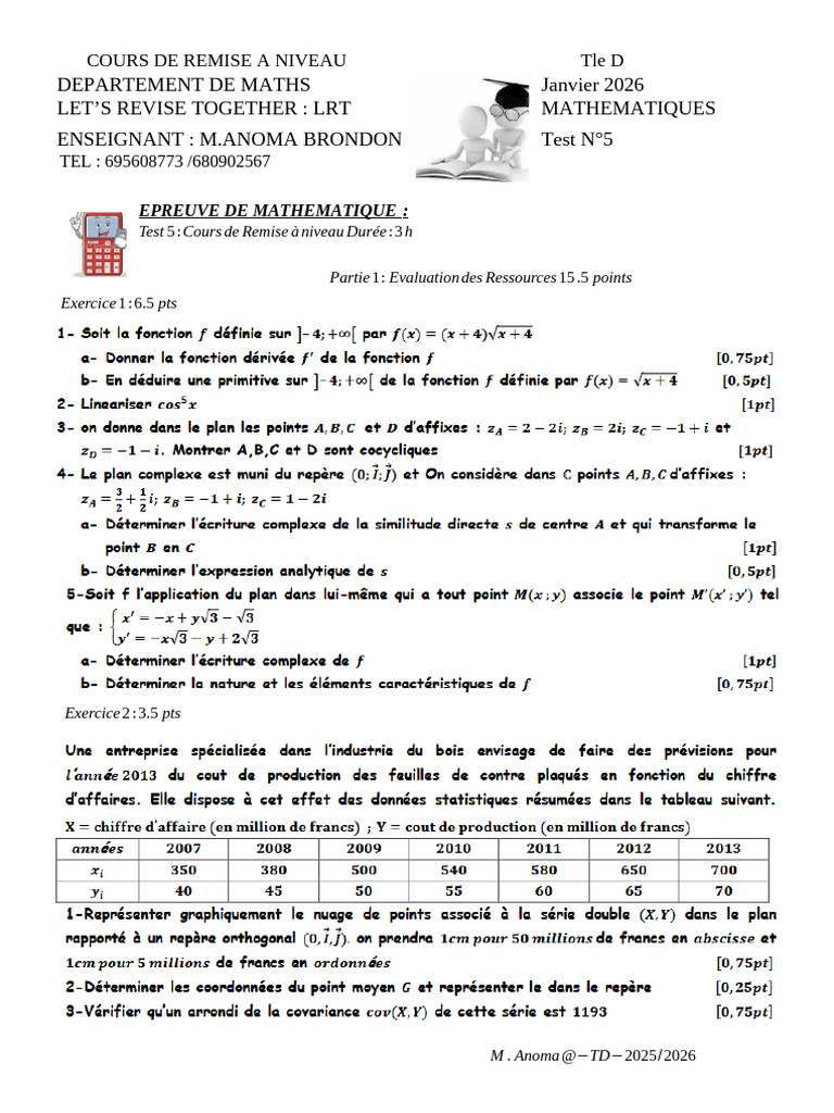 Test de Mathématiques Tle D - Janv 2026 | PDF