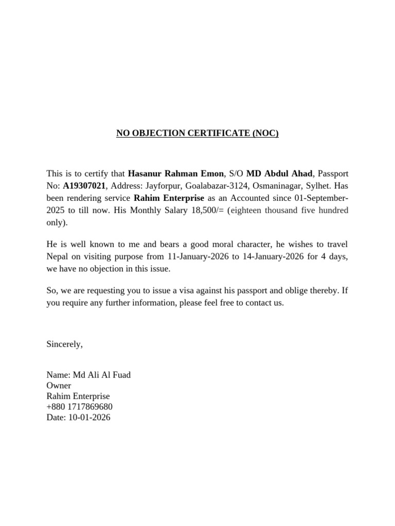 No Objection Certificate for Travel | PDF