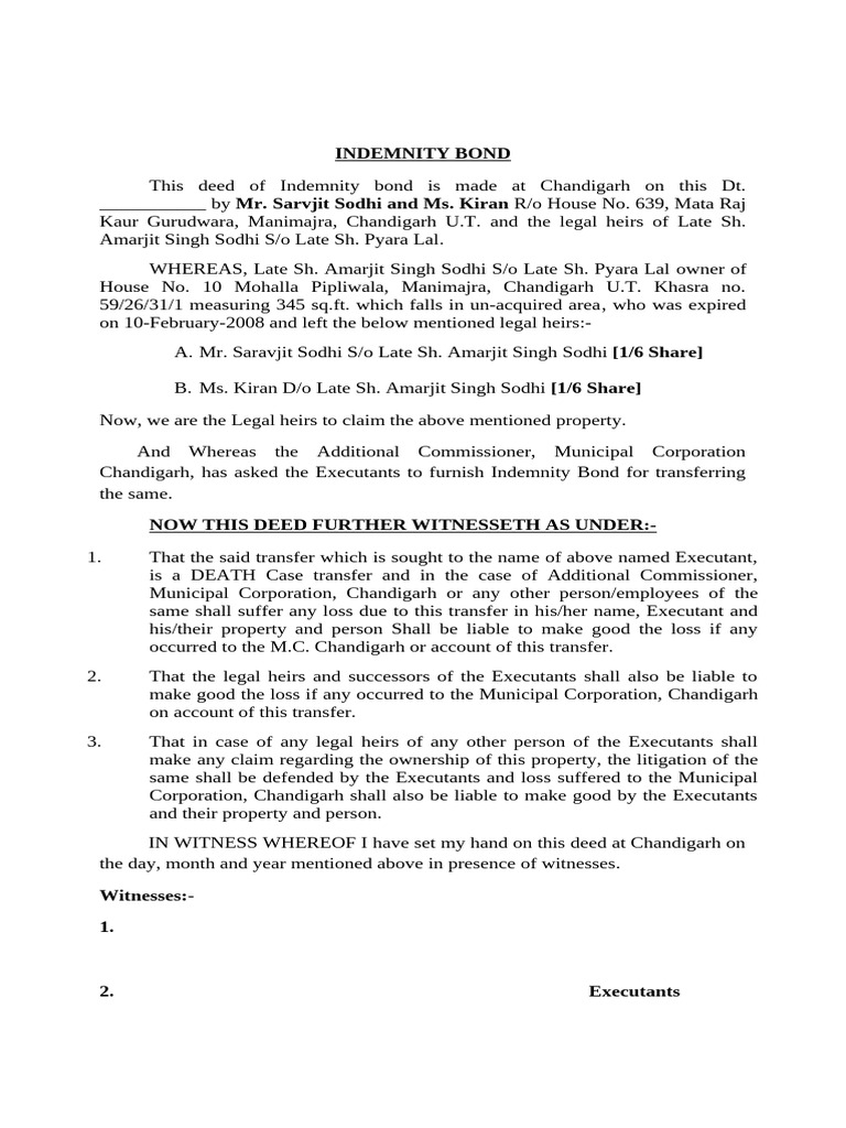 Indemnity Bond for Property Transfer | PDF