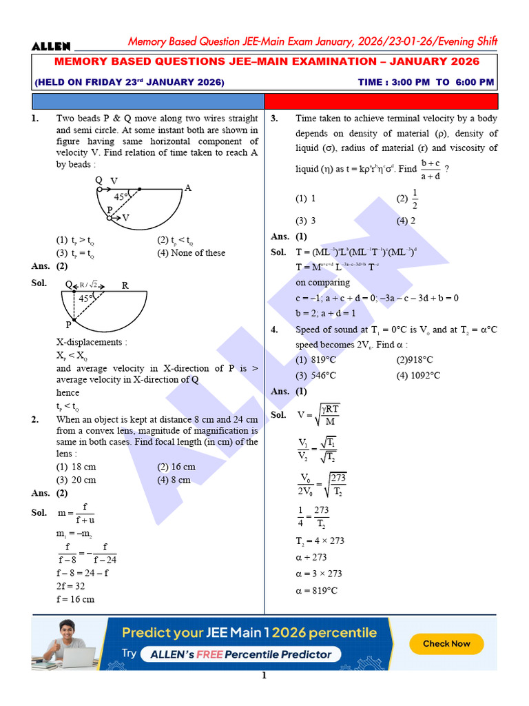 JEE Main Physics Memory-Based Questions | PDF | Mechanical Engineering ...