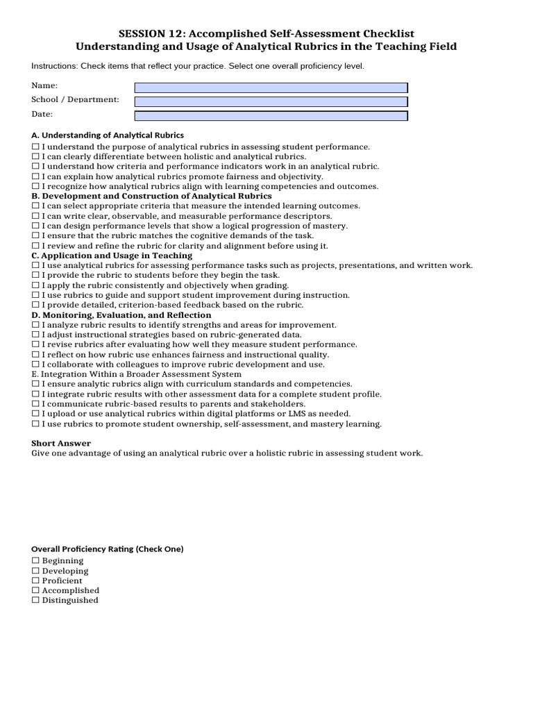 Analytical Rubric Self-Assessment Guide | PDF | Educational Assessment ...