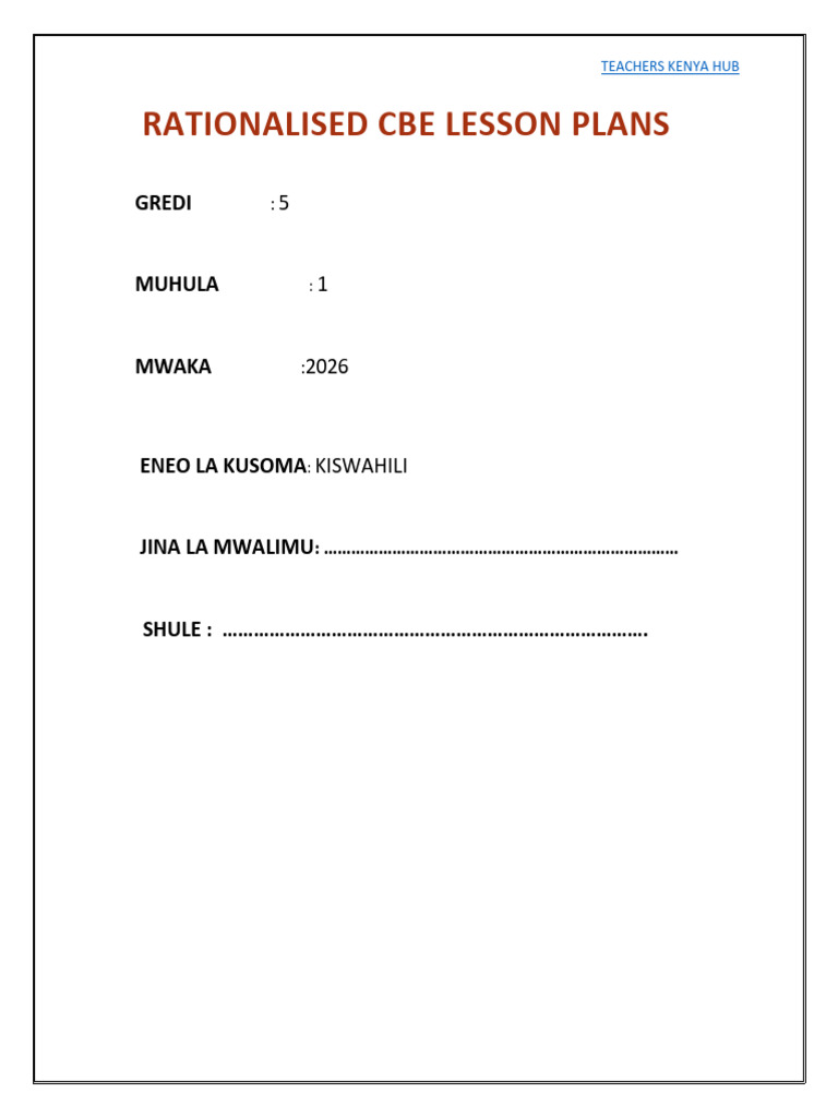 Term 1 Grade 5 Kiswahili Lesson Plan | PDF