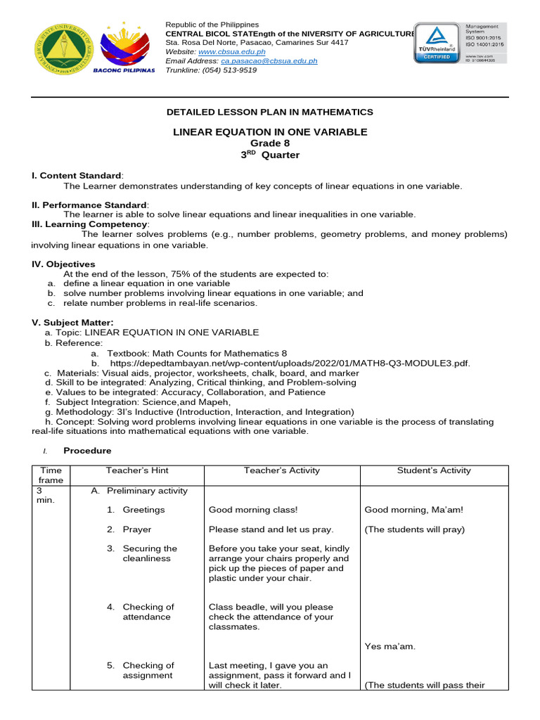 Grade 8 Lesson Plan: Linear Equations | PDF | Equations | Variable ...
