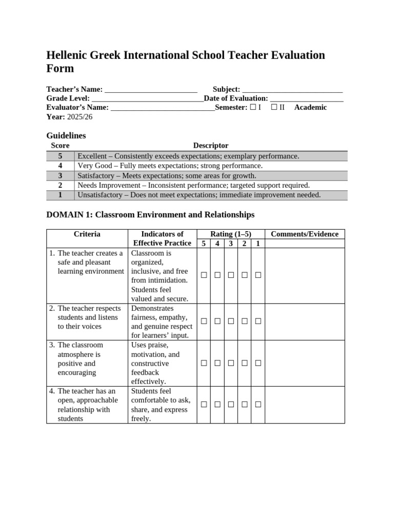Teacher Evaluation Form Template | PDF | Educational Assessment | Learning