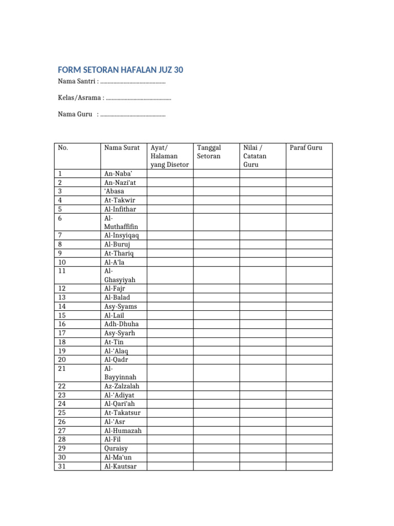 Form Setoran Hafalan Juz 30 Santri | PDF