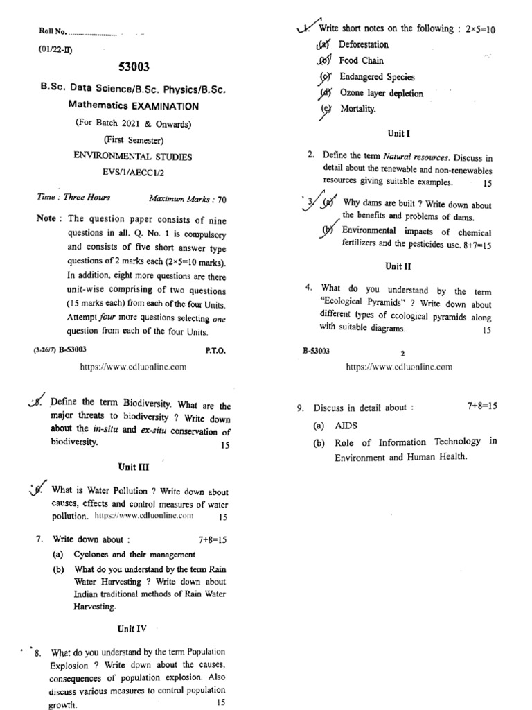 Bsc 1 Sem Environmental Studies 53003 Jan 2022 | PDF