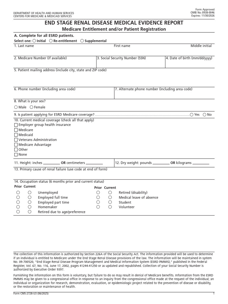 ESRD Medicare Patient Registration Form | PDF | Kidney Disease ...