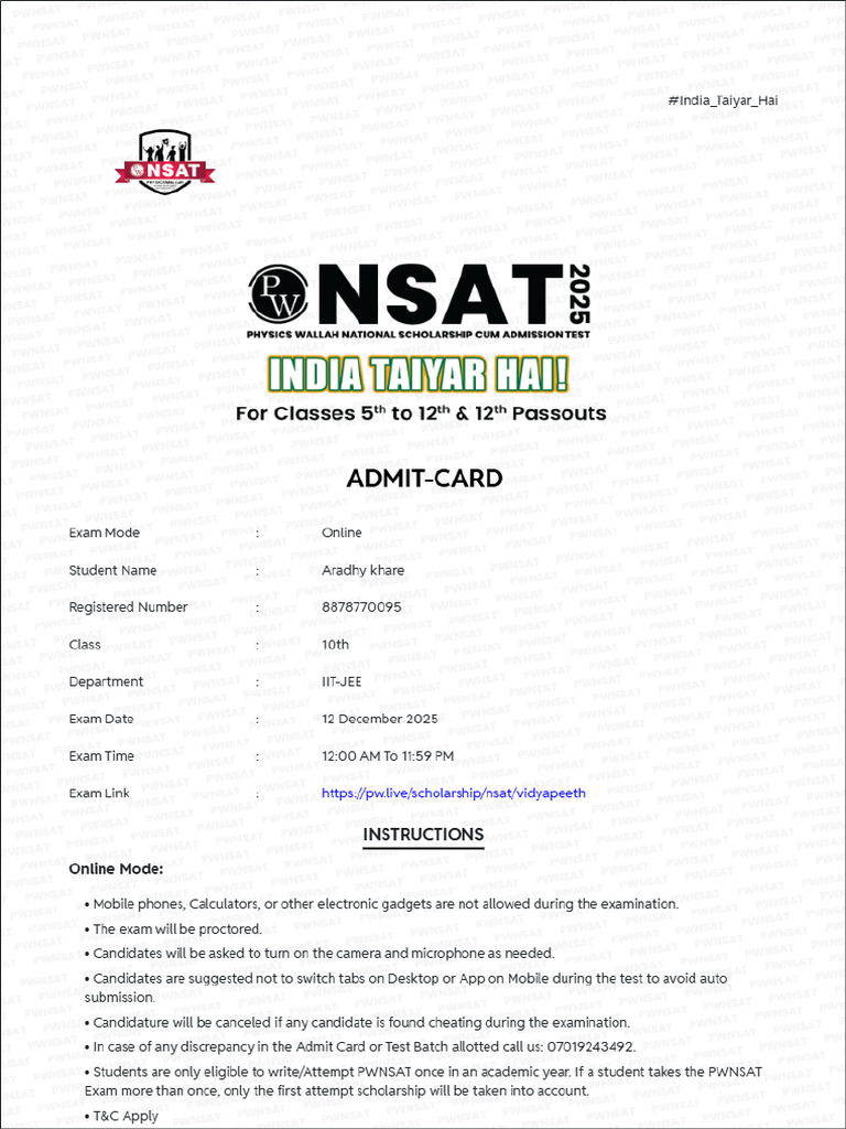 PW Admit Card | PDF