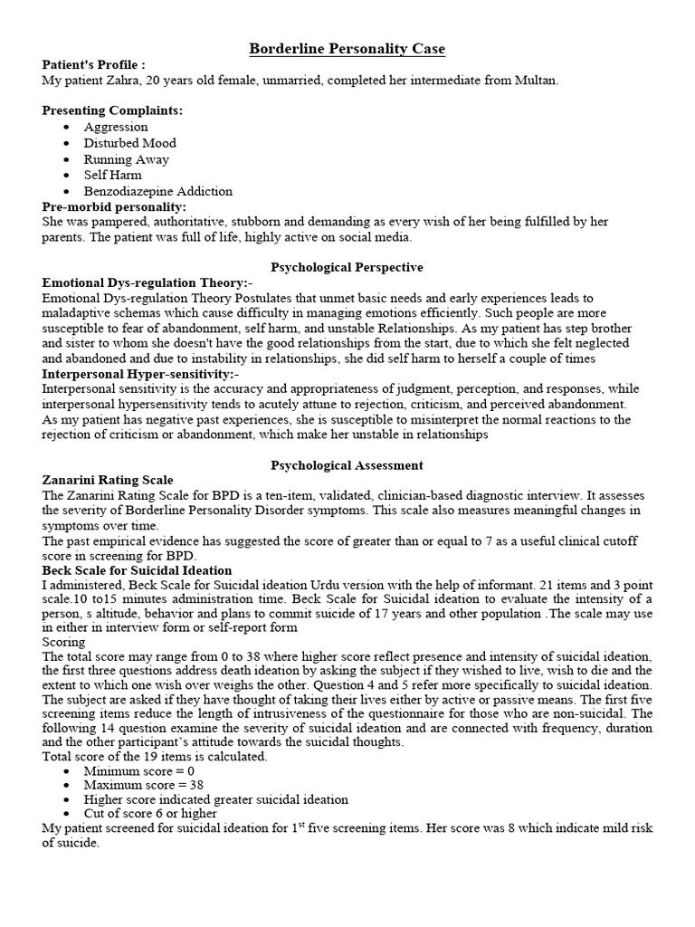 Borderline Personality Disorder Case Study | PDF | Dialectical Behavior ...