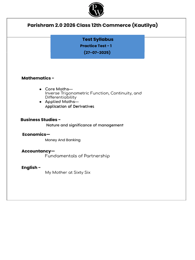 Class 12 Commerce Test Syllabus 2026 | PDF | Mathematics