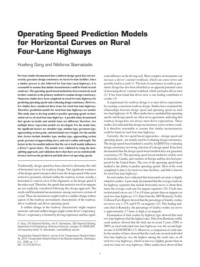 Gong Stamatiadis 2008 Operating Speed Prediction Models for Horizontal ...