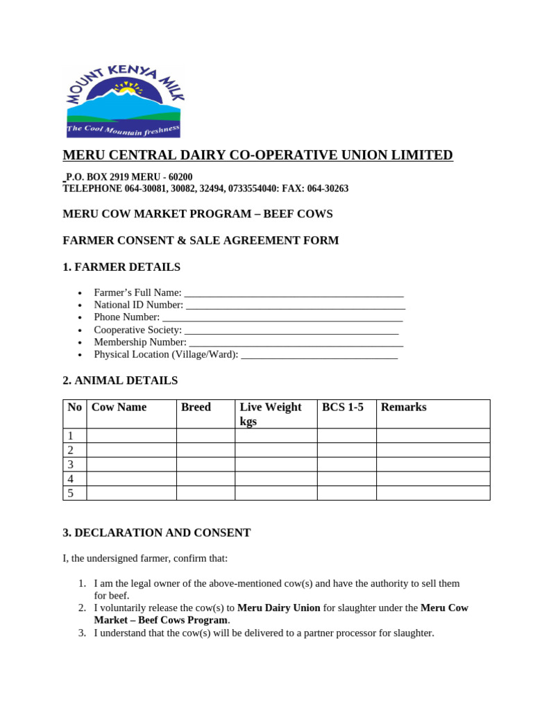 Meru Dairy Beef Cows Sale Agreement | PDF | Dairy | Payments
