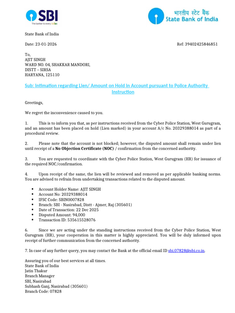 SBI Account Lien Notification for Ajit Singh | PDF