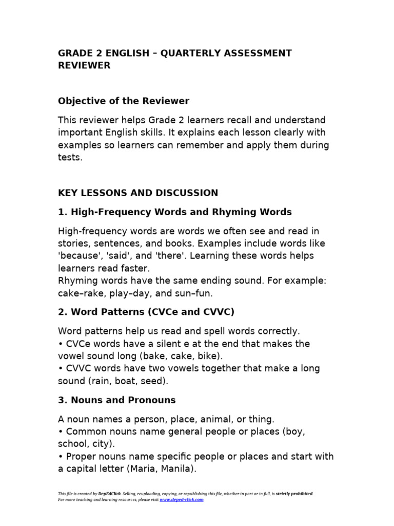 Grade 2 English Assessment Guide | PDF | English Language | Word