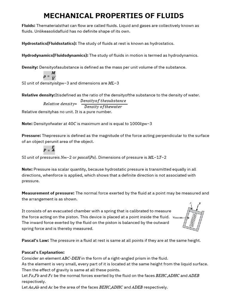 Fluid Mechanics: Density and Pressure Explained | PDF | Pressure ...