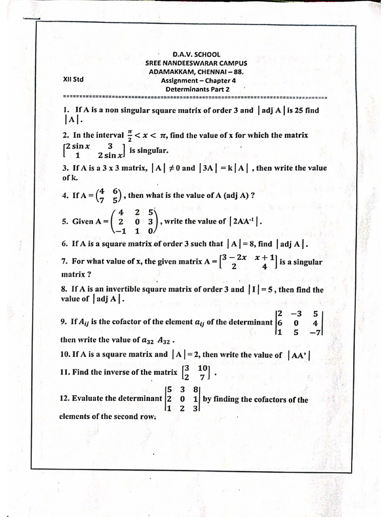 Class Xii Determinants Assignment 2 1747893085 | PDF