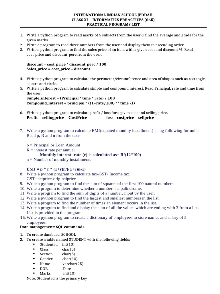 Python Programs for Class XI Informatics | PDF | Interest | Compound ...