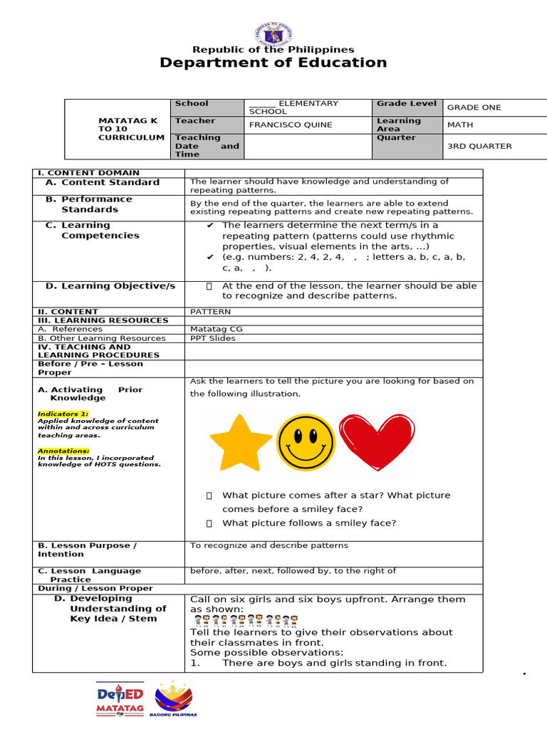 Grade 1 Math: Understanding Patterns | PDF | Learning | Curriculum