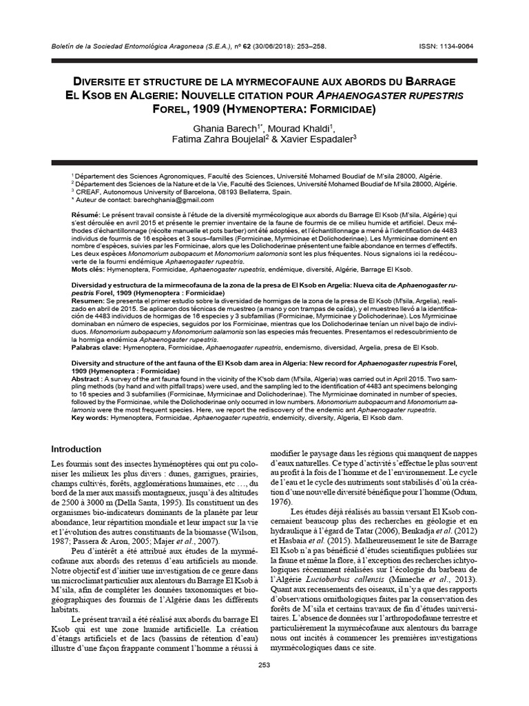 Diversité des fourmis près du Barrage El Ksob | PDF | Environnement ...