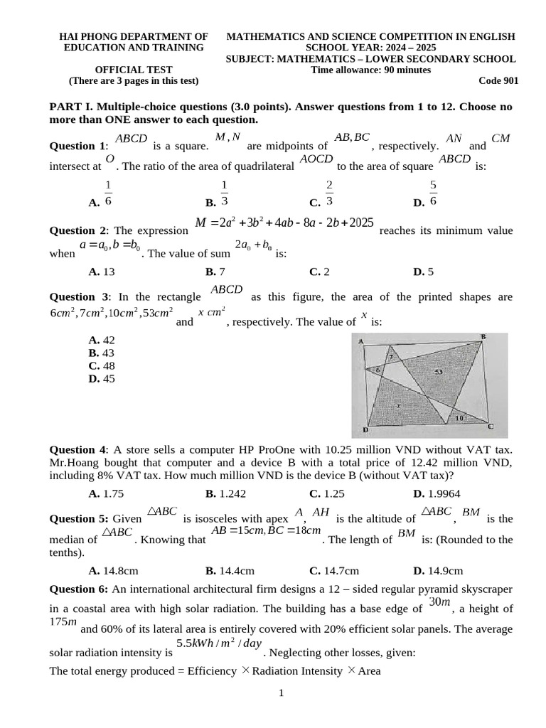 Mathematics Competition Test 2024-2025 | PDF | Area | Volume