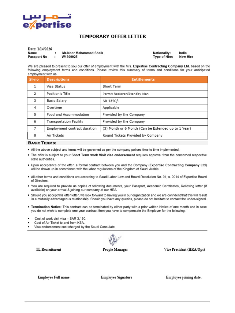 Temporary Employment Offer Letter | PDF | Employment | Travel Visa