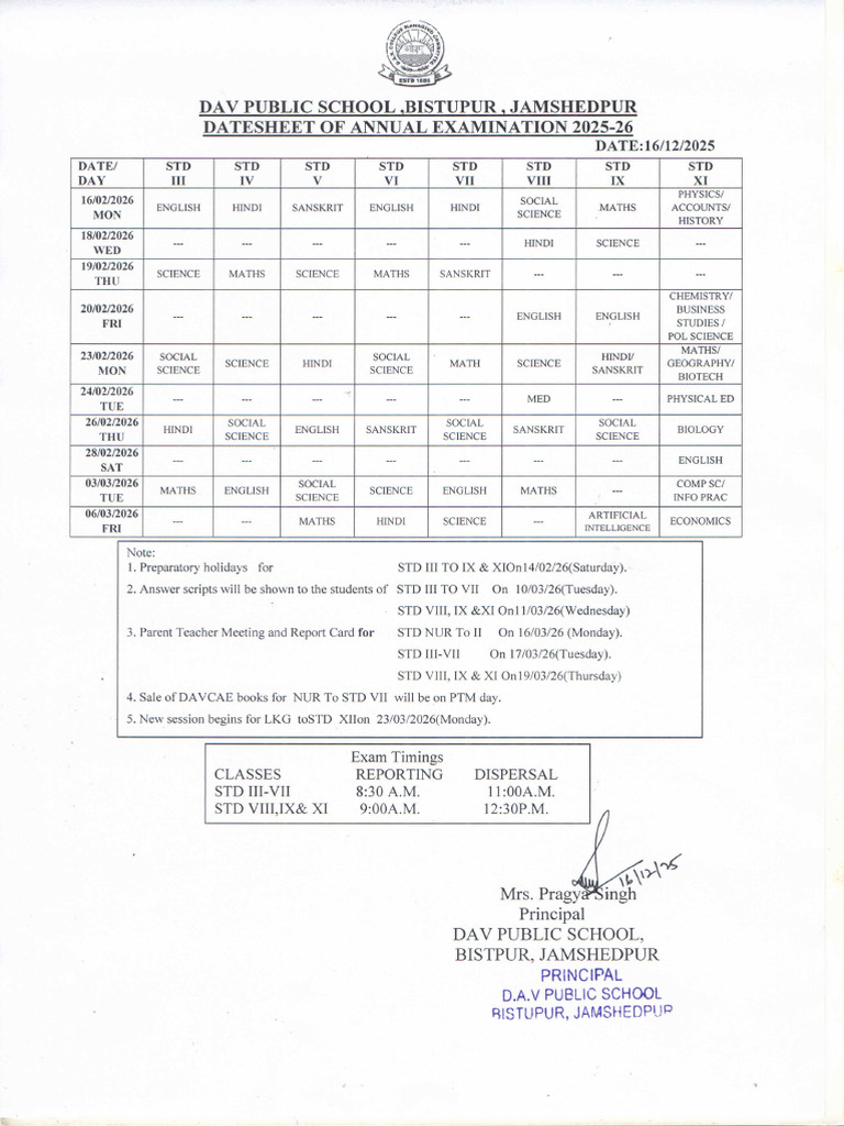 Date Sheet Annual Exam 2025 26 | PDF