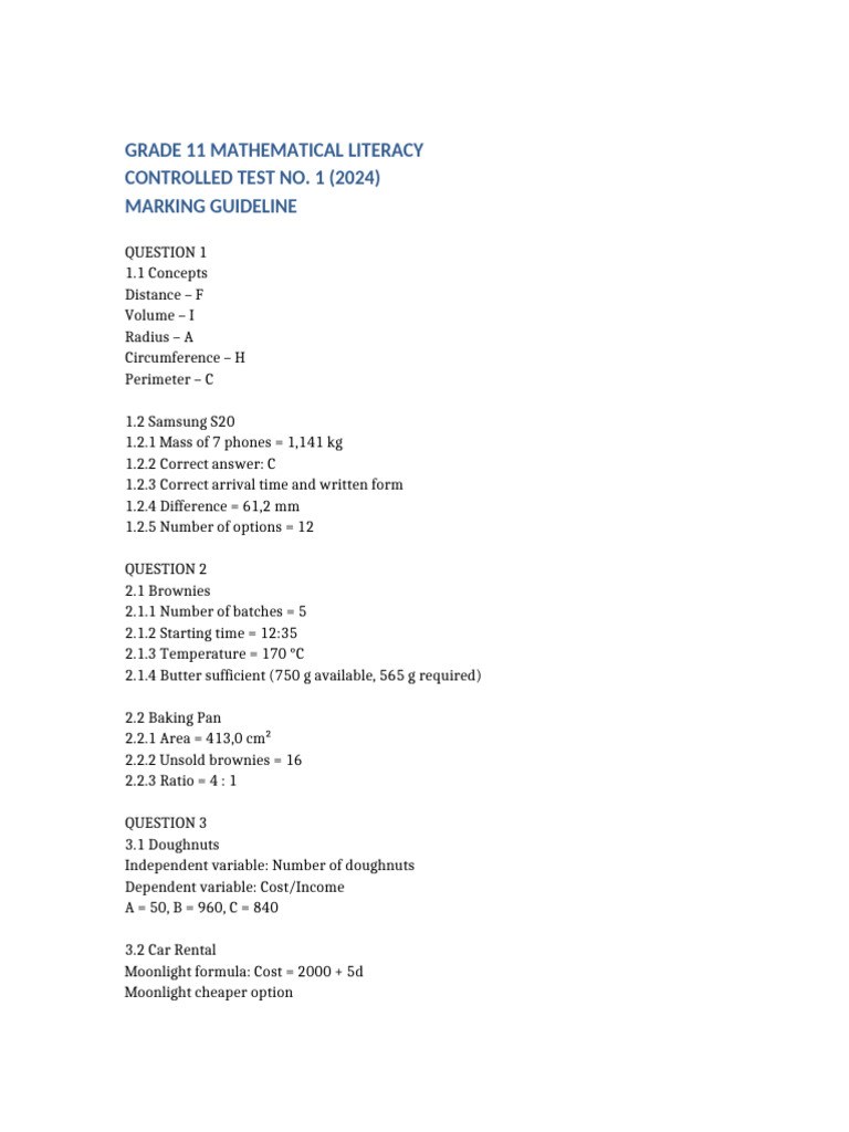 Grade 11 Math Literacy Test Guidelines | PDF